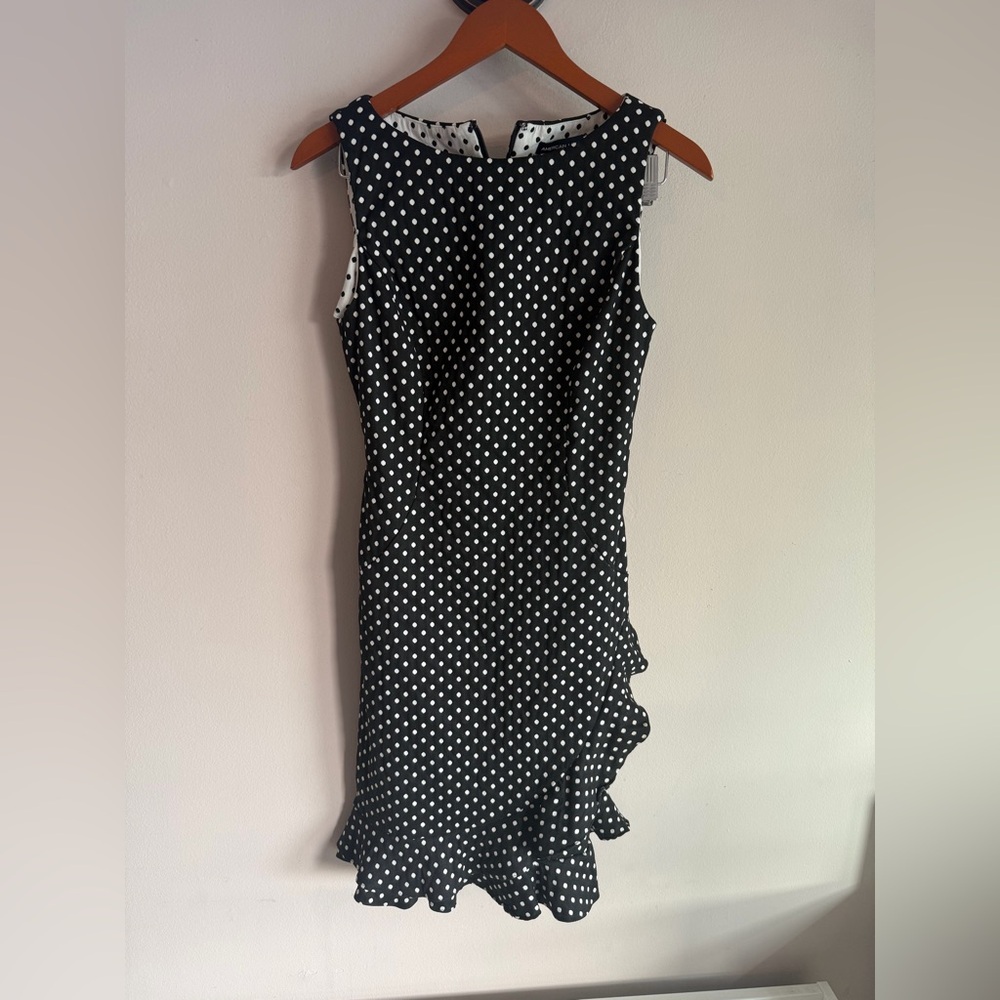 American Living Polka Dot Ruffle Hem Sheath Dress Black White Sleeveless Size 8‎